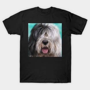 Close Up Painting of a Black and White English Sheep Dog on Blue Background T-Shirt